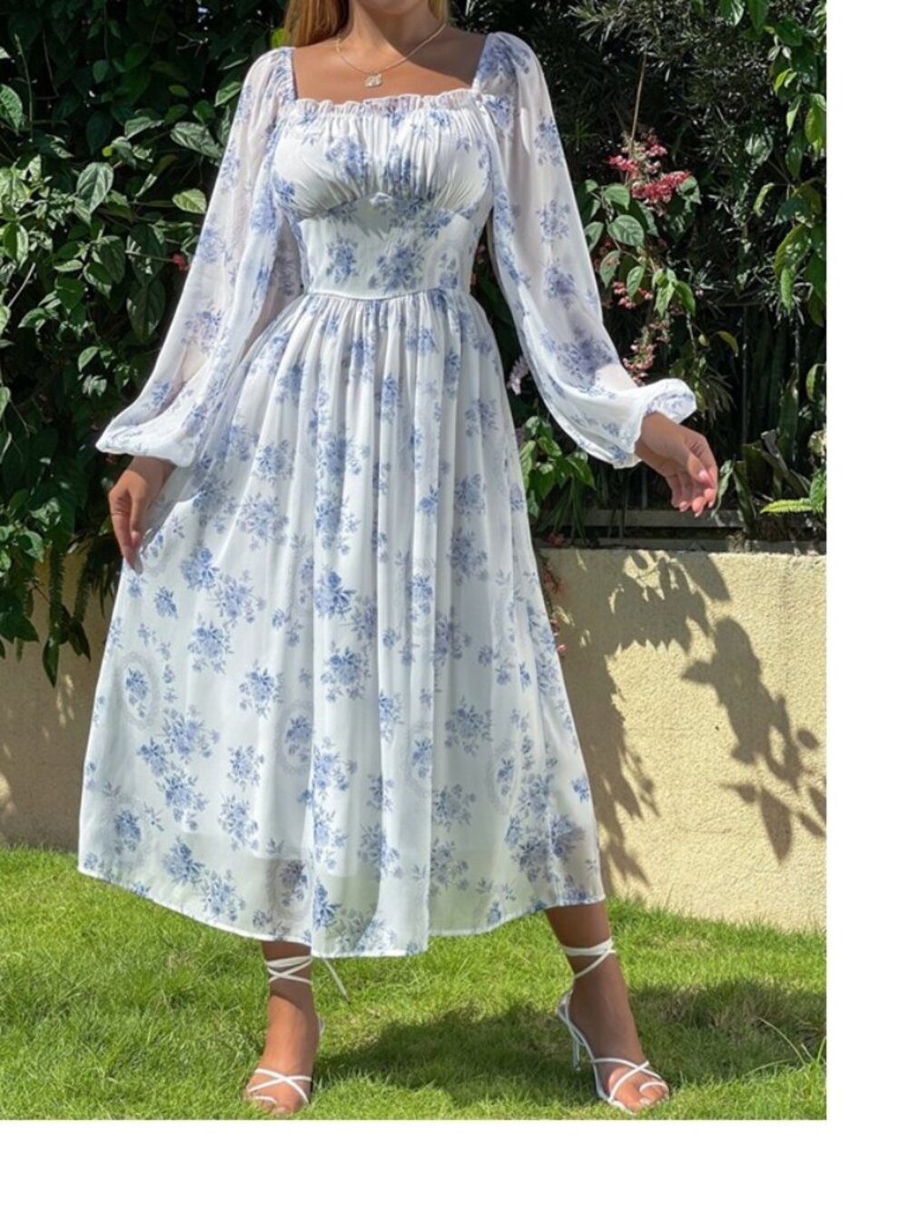 Shein Holidaya Blue Floral Print Lantern Sleeve Ruched Bust Chiffon Maxi Dress